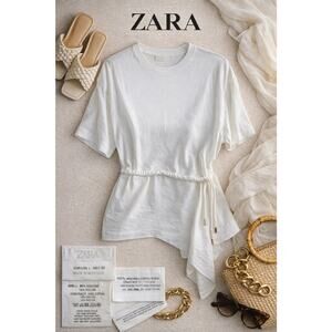 ZARA White Asymmetrical Drawstring Tunic Top Sz Large MINIMILIST Modern Draped
